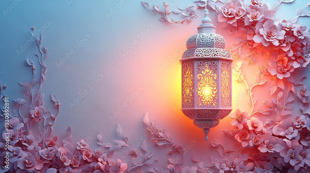 Poster serene paper cut style design showcasing a large islamic lantern with delicate patterns around it se