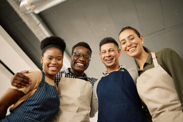 Portrait, happy team and waiters together at cafe for support, solidarity and about us in low...