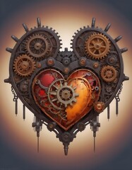 Steampunk Heart with Glowing Core in Dark Tones Representing Passion