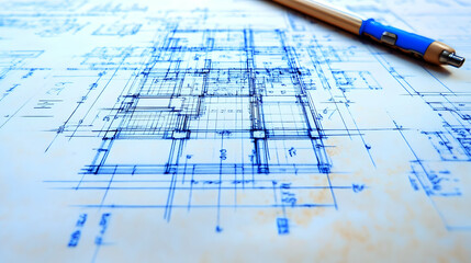 Architectural blueprints with a pen, illustrating design plans.