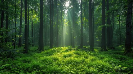 Obraz premium Environmental conservation concept, featuring a lush green forest with sunlight filtering through the trees, showcasing the need to preserve natural habitats for biodiversity. Realistic photo. High