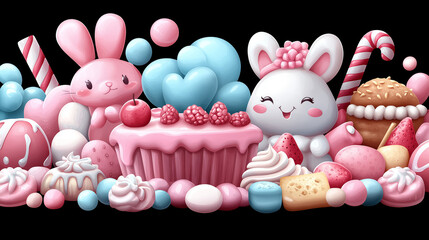 A delightful scene featuring cute bunnies surrounded by colorful desserts and sweets, perfect for festive celebrations and children's themes.