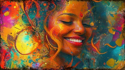 Happy Batukham with a serene smile, framed by an abstract background of flowing lines and vibrant splashes of color.
