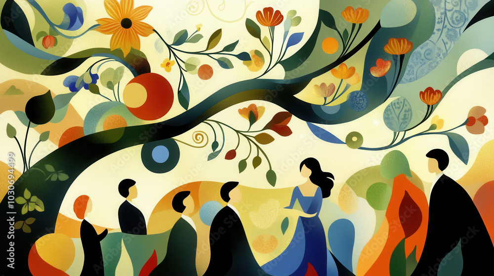 Aufkleber vibrant and artistic scene depicting garden party with abstract figures and colorful foliage. compos