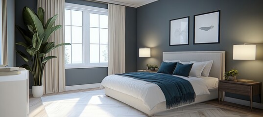 Modern Bedroom Interior Design with Dark Blue Walls and white Bed Tranquility in Simplicity.