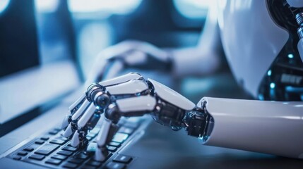 Robot typing on a keyboard in a blue-lit office