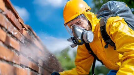 Fototapeta premium Asbestos Removal Team Carefully Using Specialized Vacuum Cleanup Systems and Equipment to Extract and Dispose of Hazardous Materials from Surfaces of Old Buildings During Renovation or Demolition