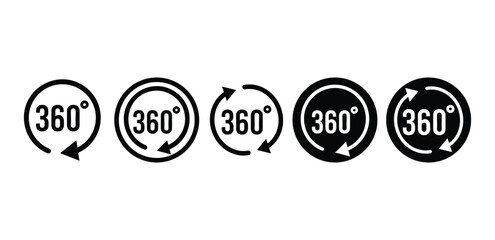 set of rotation arrow 360 degrees icon symbol sign round circle shape vector design black white color illustration collection