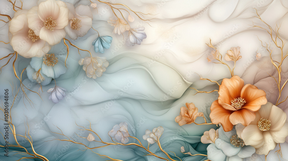 Poster delicate floral patterns with soft colors create serene and elegant atmosphere, showcasing intricate