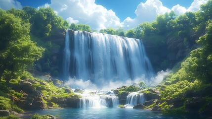 Naklejka premium Majestic waterfall cascading down a rocky cliff into a pristine pool of water surrounded by lush greenery and a bright blue sky.