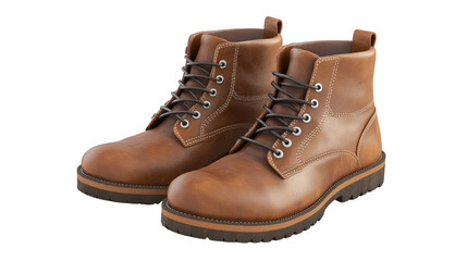 Pair of sturdy brown leather boots with black laces, perfect for outdoor adventures and hiking. Classic and durable footwear choice.