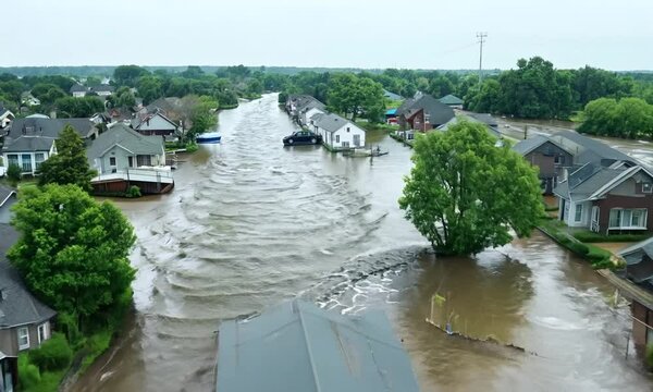 Aerial view of a flooded residential area after heavy rains, showing houses submerged in water and flood damage