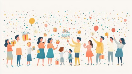 A group of people celebrating a birthday with cake, balloons, and gifts.