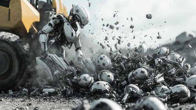 Robot amidst wreckage of destroyed robot heads