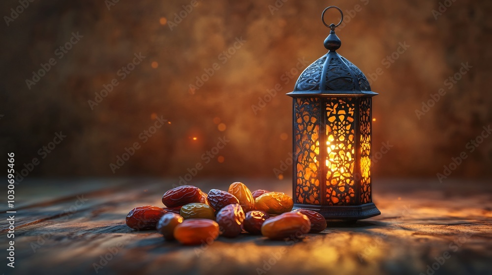 Poster serene ramadan concept featuring closeup dates arranged beautifully in the foreground with a glowing