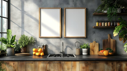 Modern kitchen with plants, fruits, and empty frames for decor.