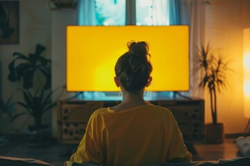 Screen display woman in her 20s in front of an smart-tv with a fully yellow screen