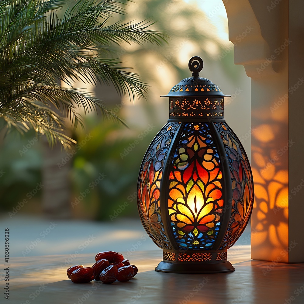 Poster Serene Ramadan scene displaying a colorful lantern casting a warm glow on a few dates with a clean light background creating an inviting and reflective atmosphere for the holy month