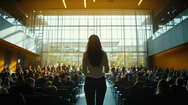Woman facing audience in modern sunlit conference hall