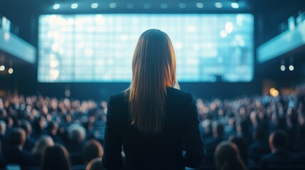 Speaker presenting to packed audience in dim auditorium
