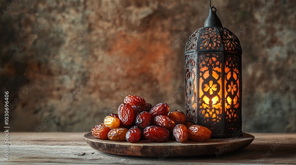 Aufkleber serene ramadan concept featuring closeup dates arranged beautifully in the foreground with a glowing