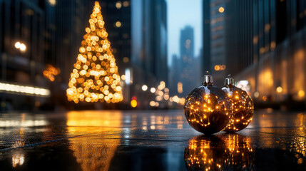 Brightly lit Christmas ornaments in foreground with beautifully decorated tree in background, creating festive atmosphere in city setting. reflections on wet pavement enhance holiday spirit