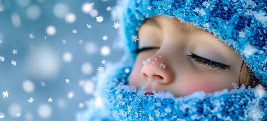 Fototapeta premium Child sleeping peacefully during a snowfall in wintertime, copy space