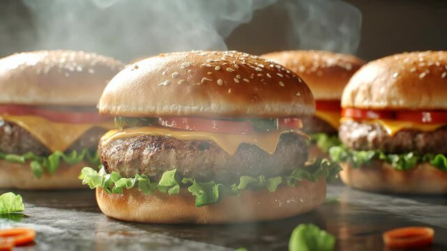 A close-up shot of a fresh burger with steam rising off of it, next to two other burgers, on a dark, textured surface