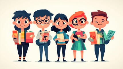 Naklejka premium A group of five cartoon children with books and backpacks, standing in a line against a white background.