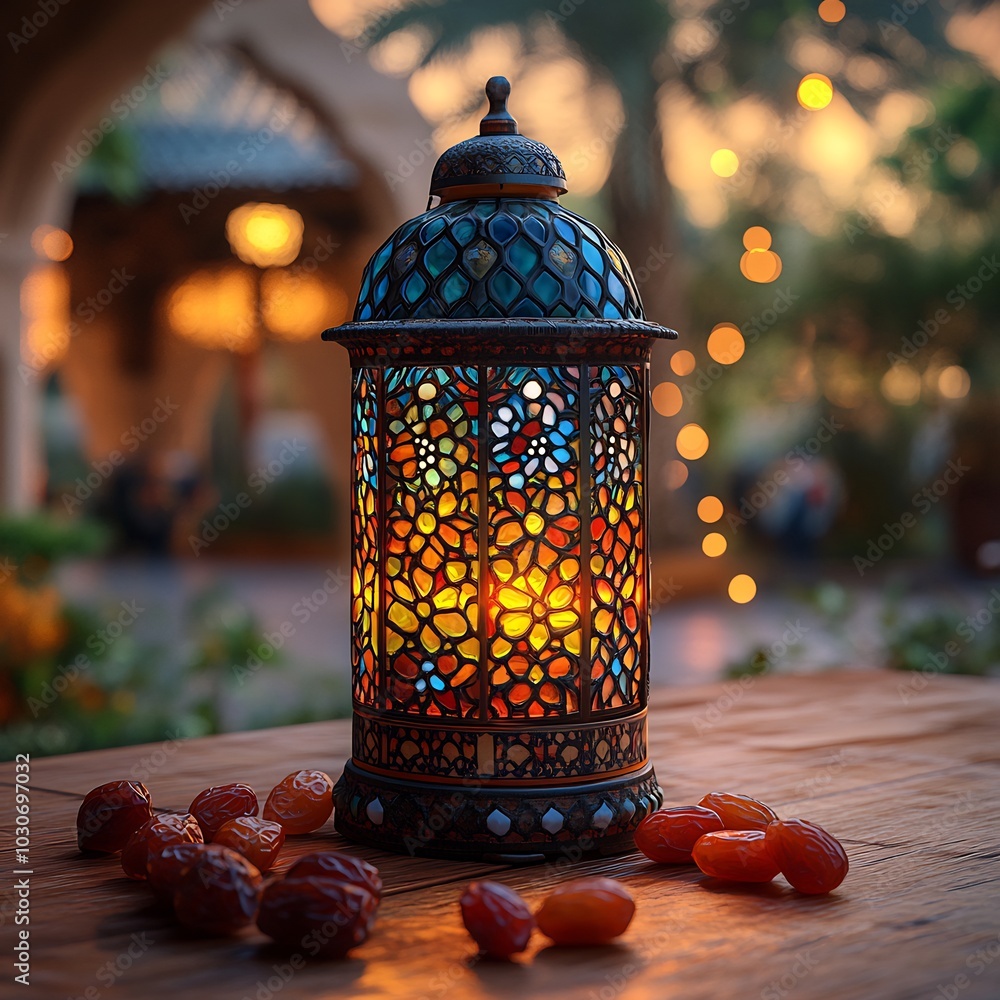 Poster Serene Ramadan scene displaying a colorful lantern casting a warm glow on a few dates with a clean light background creating an inviting and reflective atmosphere for the holy month