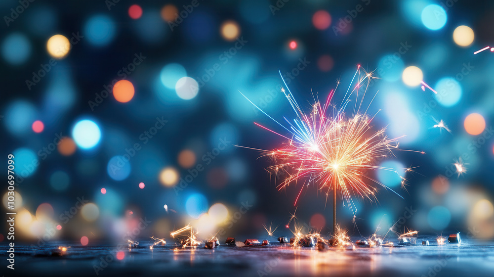 Poster vibrant sparkler ignites against backdrop of colorful bokeh lights, creating festive atmosphere perf