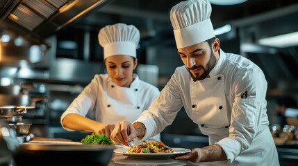 indian chefs carefully plating a gourmet dish