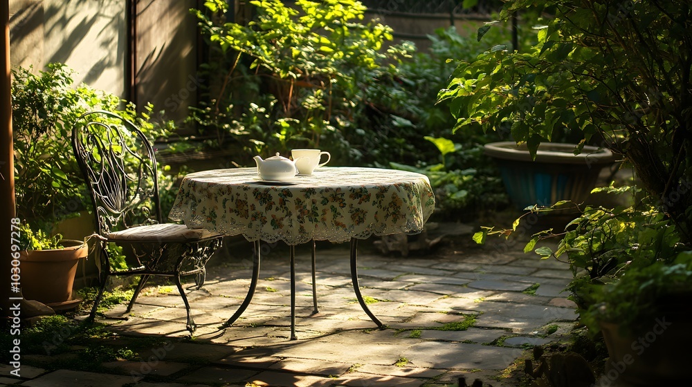 Poster 141. a simple patio with an empty table set for tea