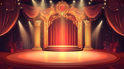 Cartoon empty stage with a grand, ornate podium, dramatic stage lights with deep reds and golds, vector illustration, luxurious and opulent design, rich textures and details, exciting and glamorous