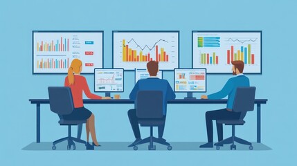 Three businesspeople working in a modern office with large screens displaying charts and graphs.