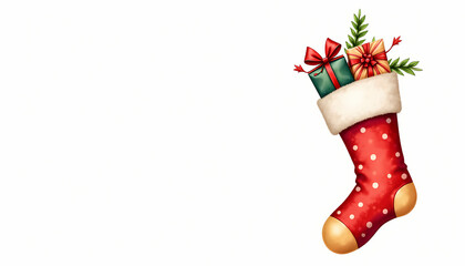 Christmas stocking with gifts on a white background with copy space, watercolor illustration, perfect for holiday cards and festive designs.
