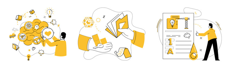 Thought experiment vector illustration. Intelligence and discovery entwine, weaving intricate tapestry thought processes Brainstorming and analyzing join forces, crafting fabric innovative ideas