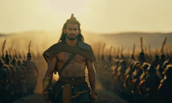 Indian warrior standing in front of an army preparing for battle at sunset, with a determined expression and traditional armor