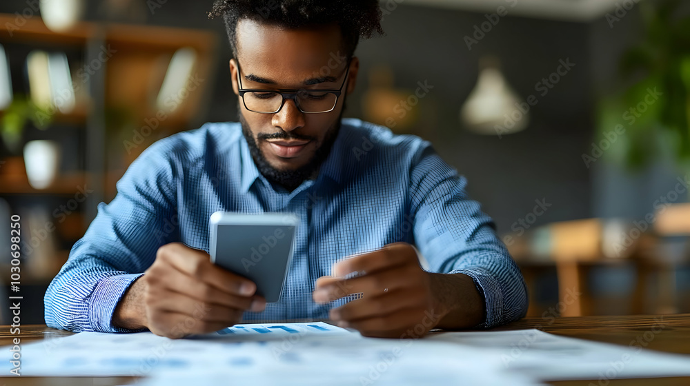 Aufkleber a man reviews documents while using a smartphone at a desk.
