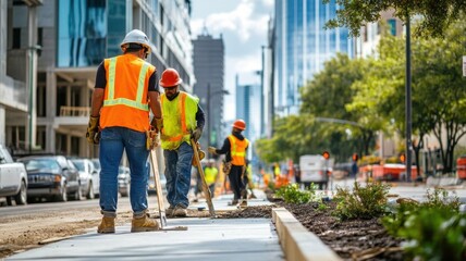 Construction workers repairing sidewalks in a busy downtown area, ensuring accessibility and safety, with modern urban architecture in the background