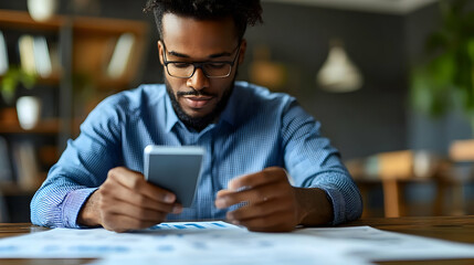 A man reviews documents while using a smartphone at a desk.