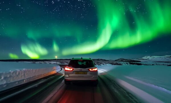 Car driving under the vibrant Northern Lights on a snowy road surrounded by a scenic winter landscape