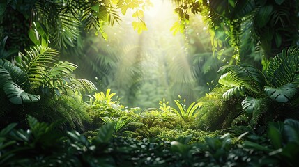 A lush green forest with sunlight filtering through the trees, representing the significance of environmental conservation and the preservation of habitats for biodiversity. Realistic photo. High