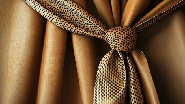 A close-up of a knotted brown patterned fabric tied to a smooth brown curtain