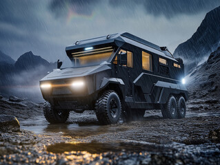 Obraz premium Futuristic an army personal transportation vehicle is driving down a road in the rain.