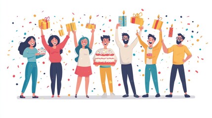 A group of seven friends celebrating a birthday with confetti, gifts, and a cake.