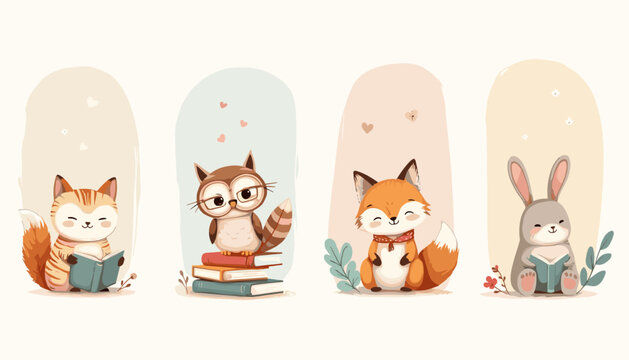 Cute forest animals reading books vector illustration