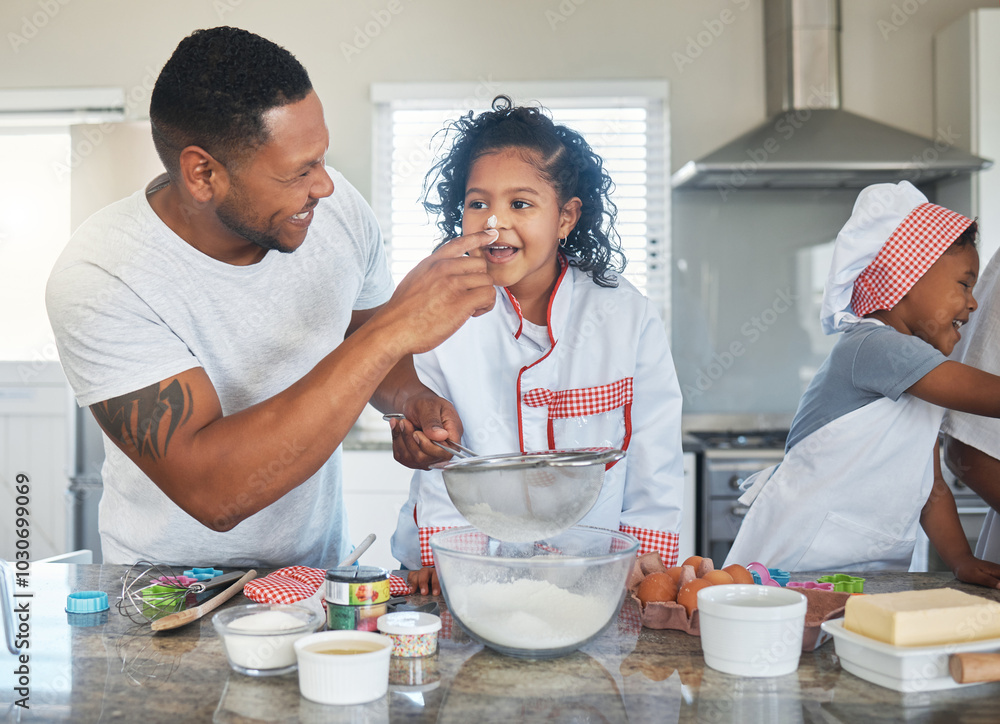 Wall mural Baking, icing and dad with children in kitchen for cake, sweet treats and dessert for playful relationship. Family, home and father with kids and ingredients, recipe and learning skills together