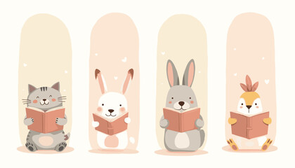 Fototapeta premium Cartoon animals with books vector bookmark collection