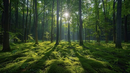Fototapeta premium Lush green forest with sunlight filtering through the trees, capturing the essence of environmental conservation and the critical need to preserve natural habitats for biodiversity. Realistic photo.